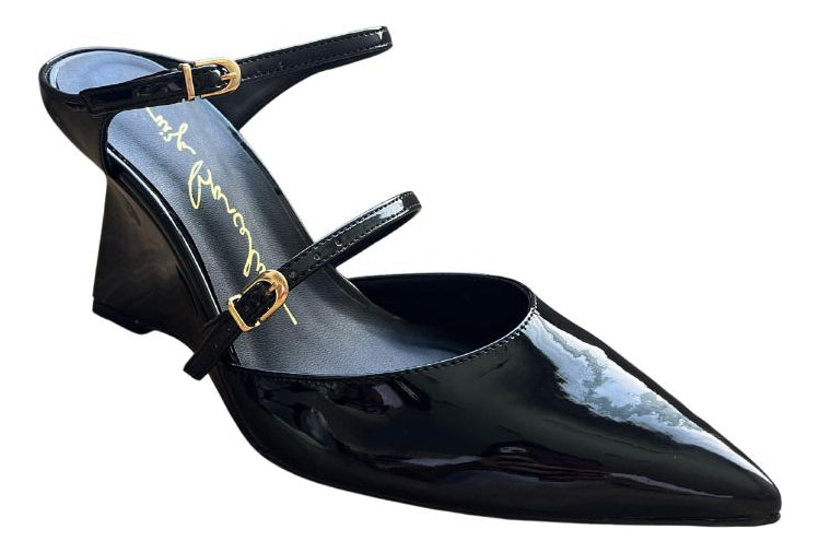 Scarpin Mule Salto Anabela Em Verniz Preto Luiza Barcelos